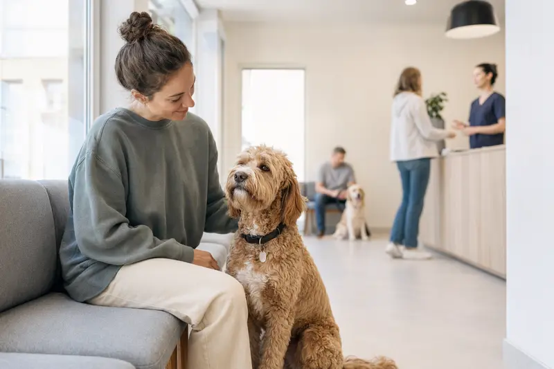 Ein Goldendoodle sitzt ruhig neben seinem Besitzer im hellen Wartezimmer einer modernen Tierarztpraxis.
